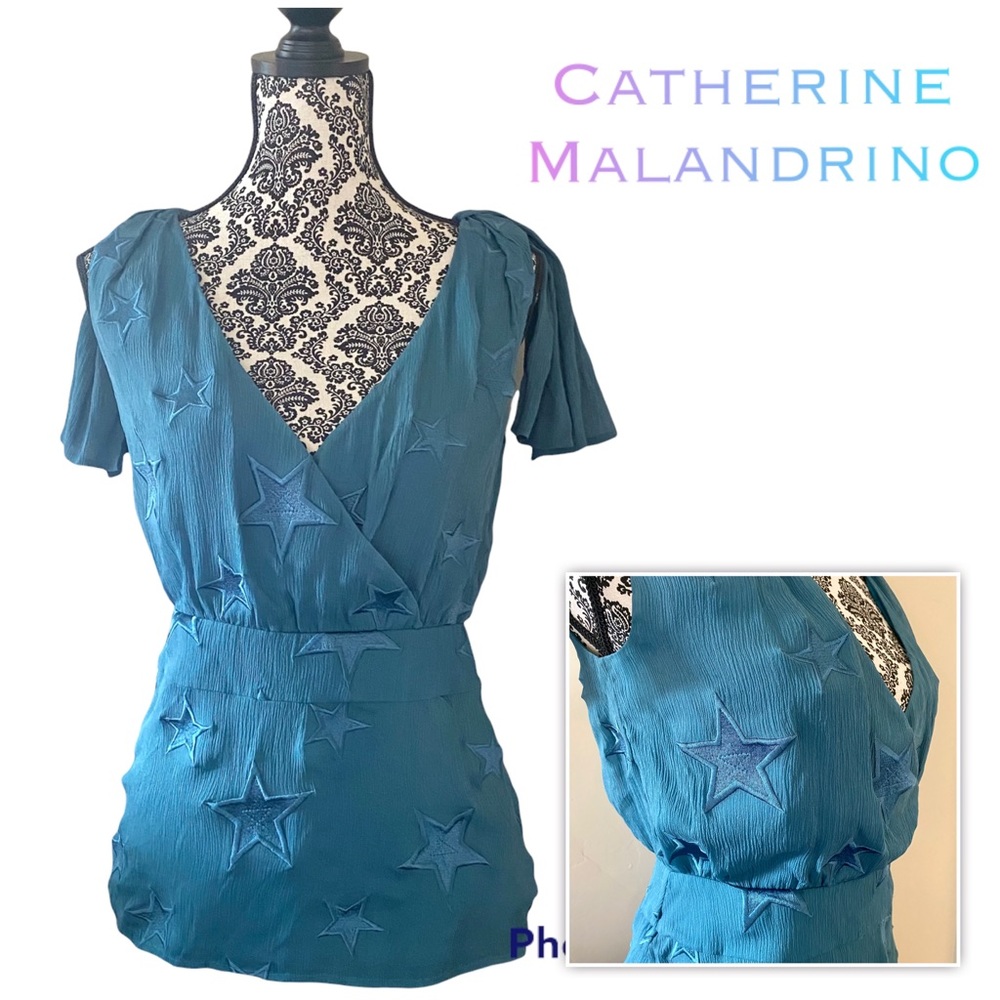 CATHERINE MALANDRINO NWT Blue Star Embroidered Silk Top Size Small